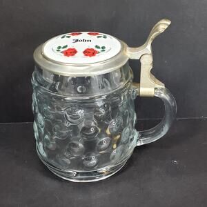 Vtg Original BMF Bierseidel Clear Glass Beer Mug Enamel Pewter Lid Germany John